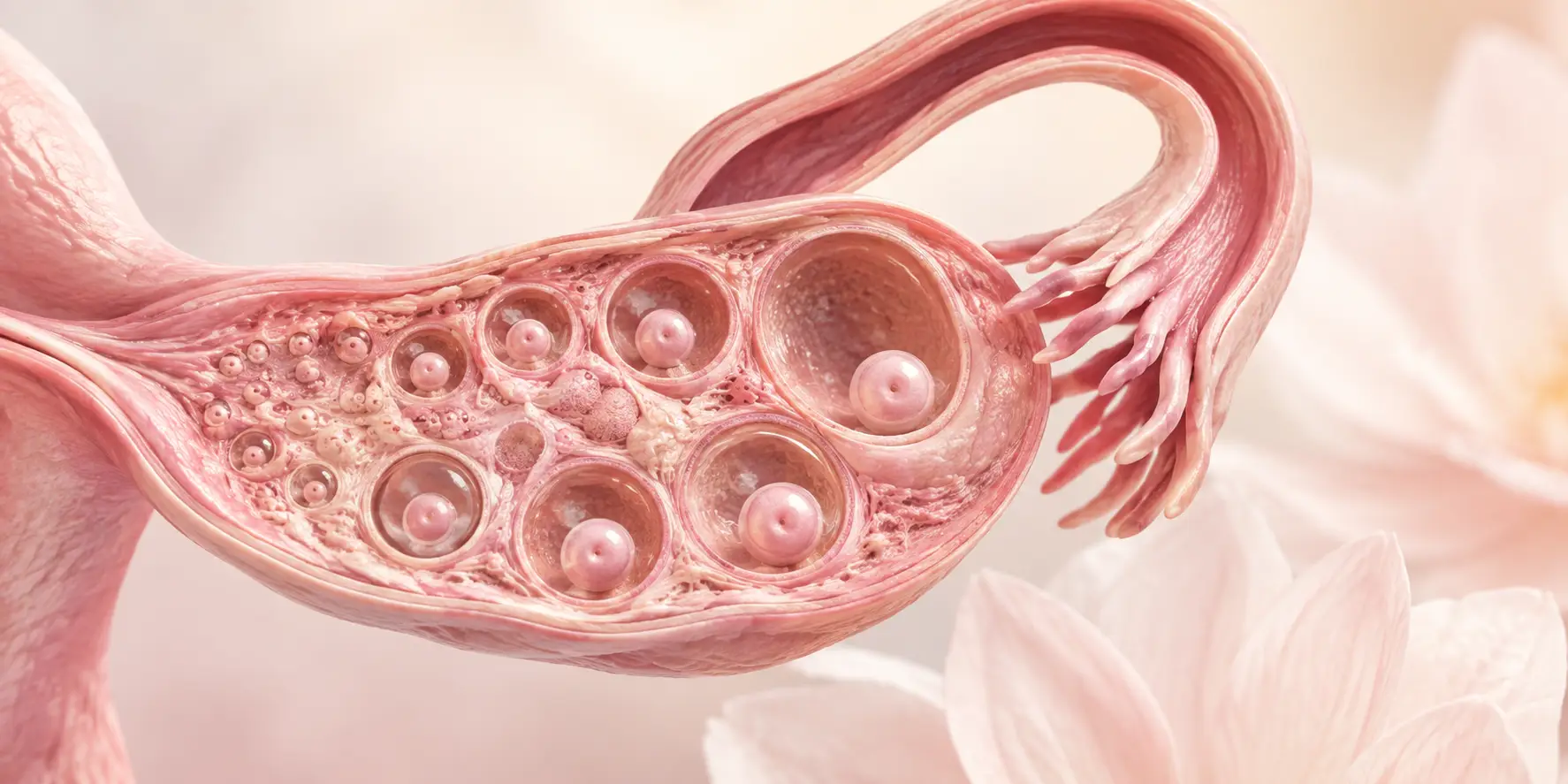 Medical illustration of an ovary with follicles at different stages of development