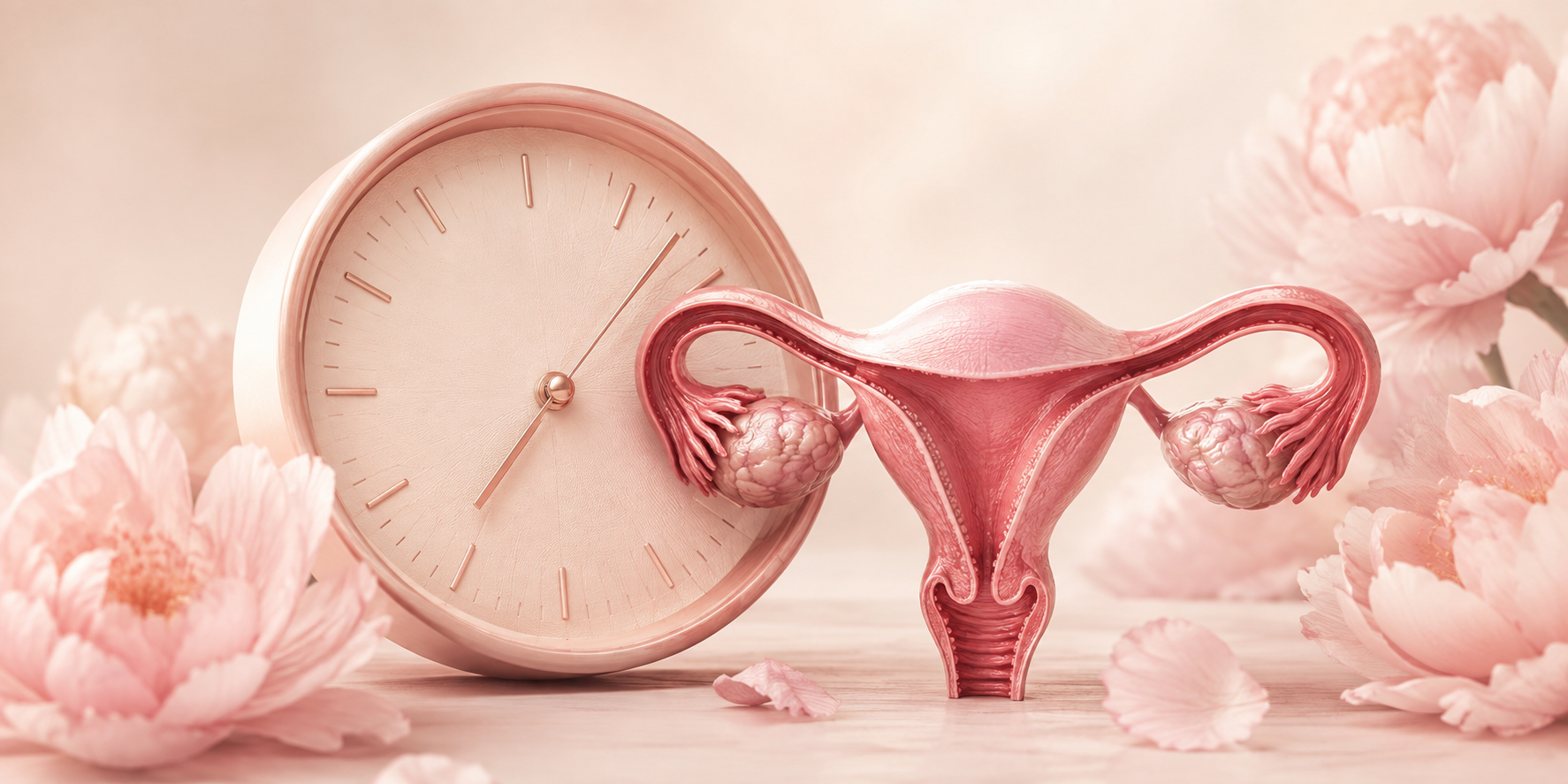 Reproductive anatomy beside a clock representing age and fertility considerations