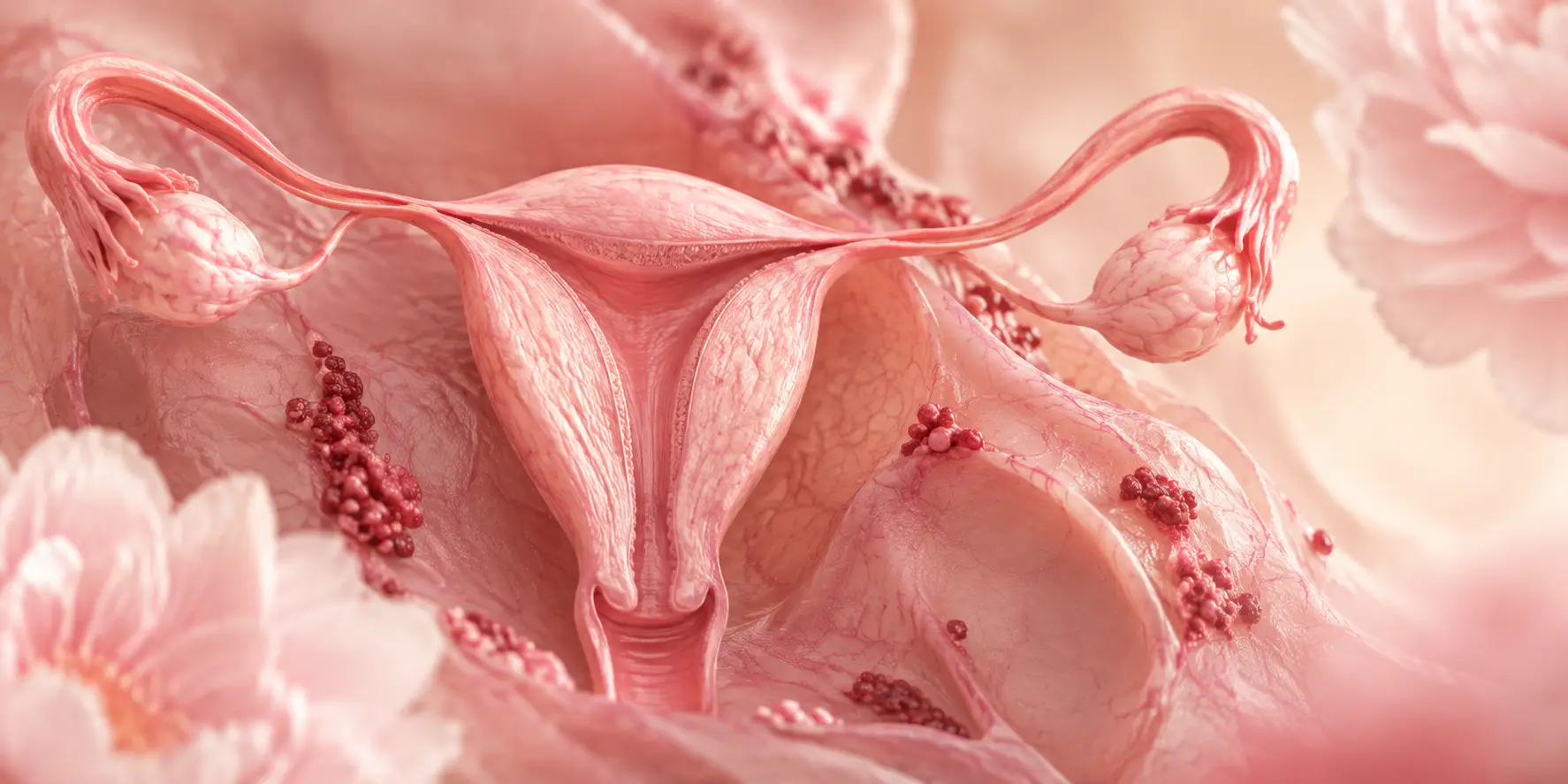 Medical illustration of the uterus and surrounding pelvic tissue representing endometriosis