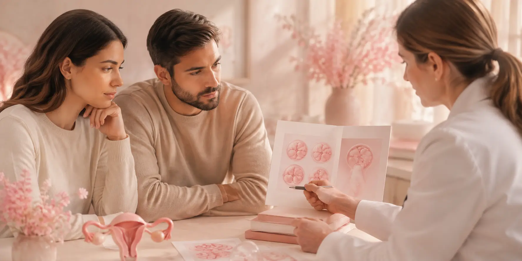 Couple discussing fertility test findings with a doctor during a consultation