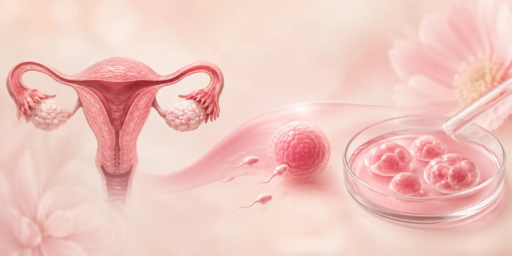 Fertility treatment visual showing reproductive anatomy, sperm, egg and laboratory embryo development