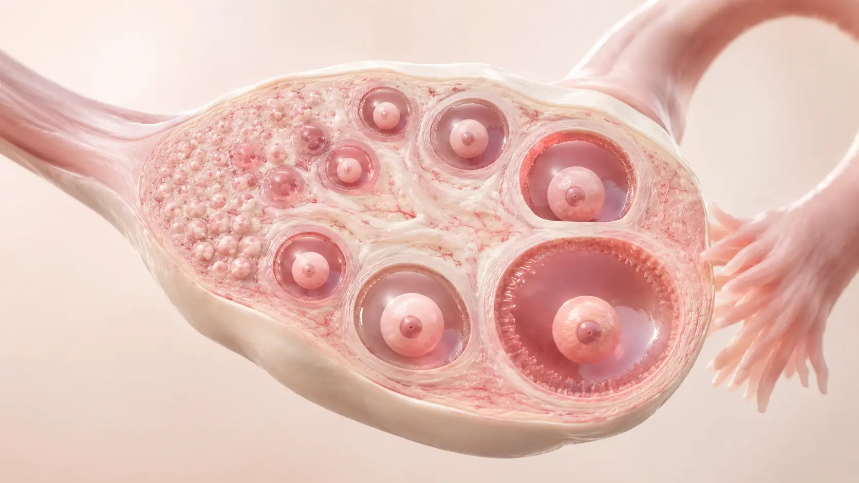 Medical illustration of an ovary showing follicles at different stages for ovarian reserve assessment