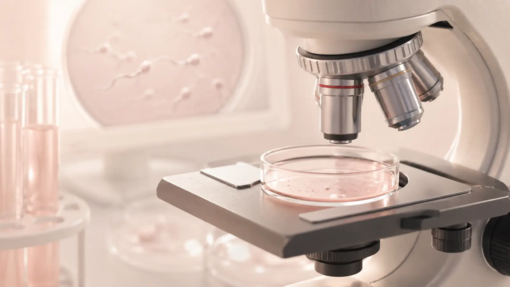 Microscope and petri dish used for semen analysis in an IVF laboratory