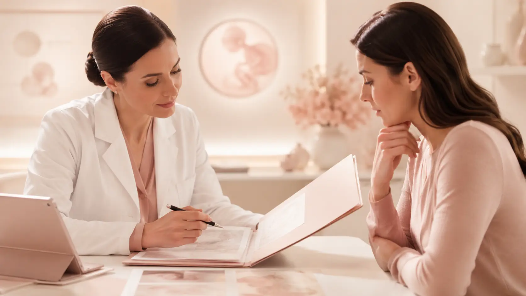Fertility specialist reviewing medical history and reports with a patient before IVF planning