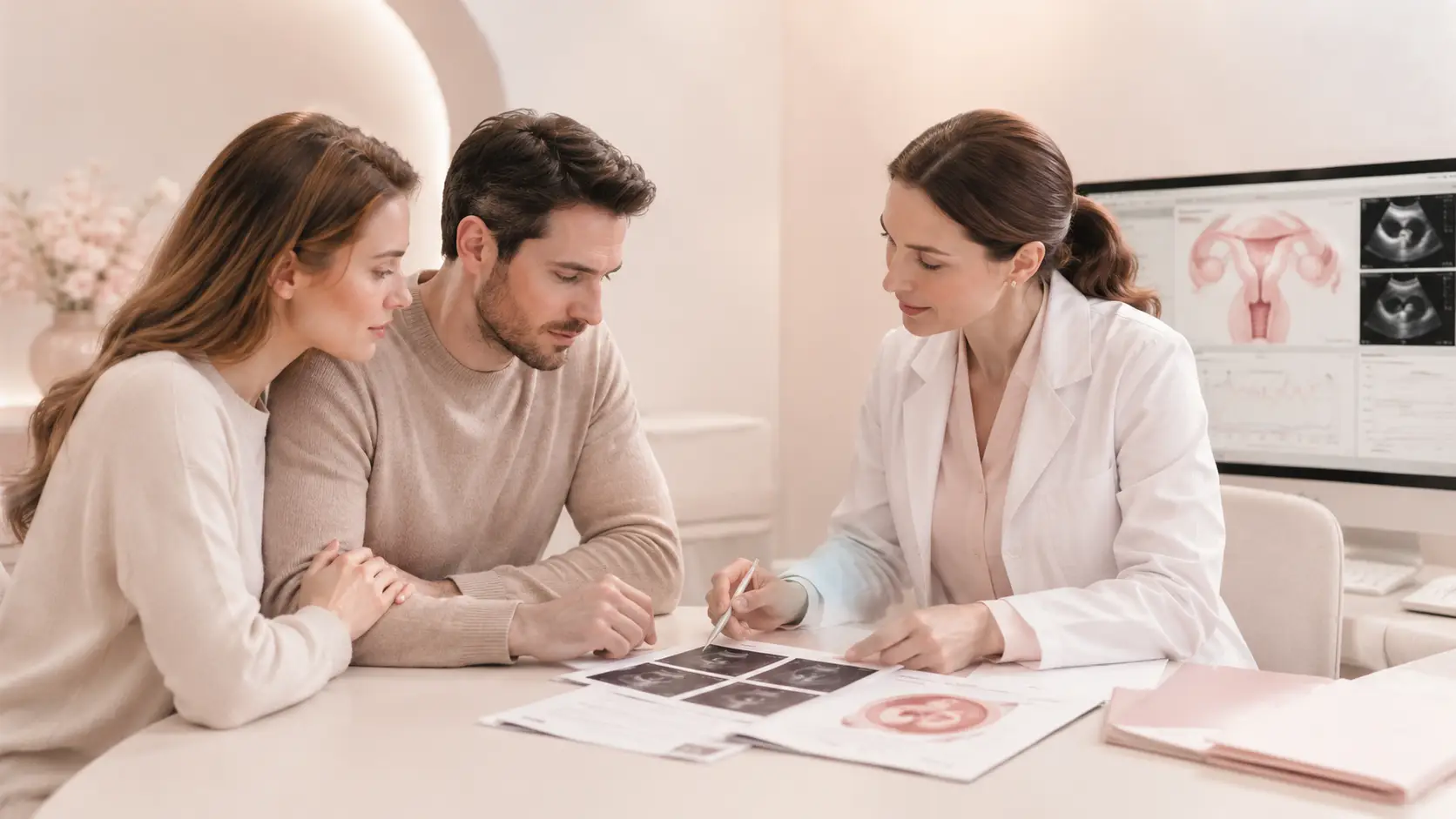 Fertility specialist reviewing previous treatment reports and scans with a couple before IVF planning