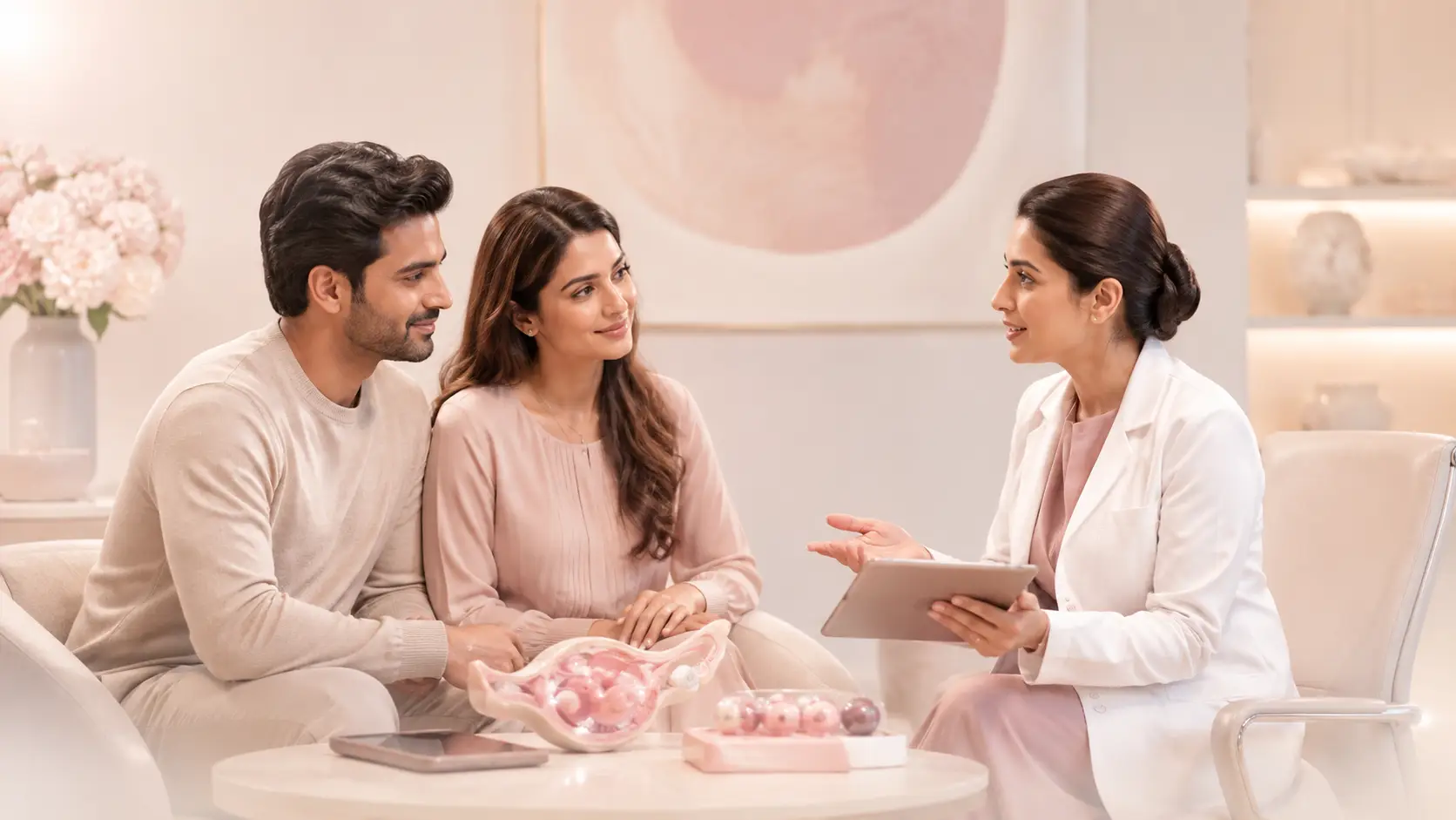 Fertility specialist discussing IVF treatment planning and counselling with a couple