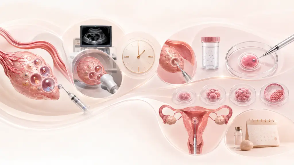 Medical illustration explaining the main stages of an IVF treatment cycle
